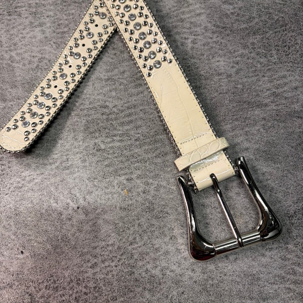 Cream Leather Embellished Rhinestone Belt - Picture 2 of 7